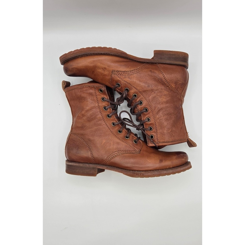 Frye Veronica Women's Combat Boots 8 B Cognac Brown Leather Lace Up Goodyear - Picture 5 of 16